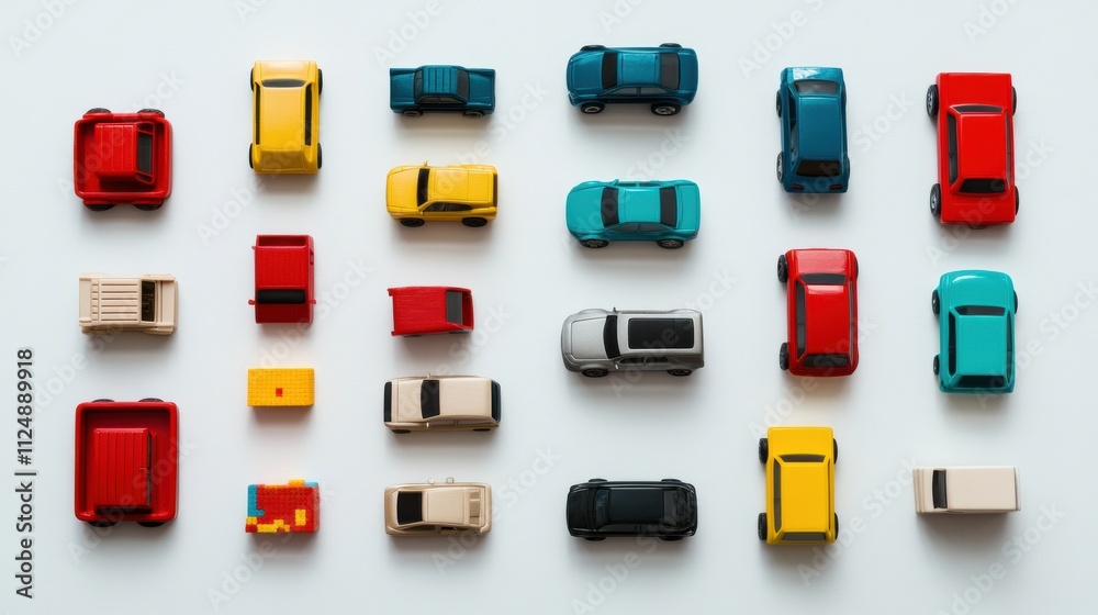 Poster children's toys including cars, blocks, and dolls are neatly arranged on a white background, providi