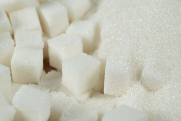 White refined beet sugar in the form of crystals and cubes.