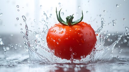 High-speed photography captures dynamic red tomato juice splash against white background, showcasing fluid dynamics, organic splatter patterns and crisp droplet details.