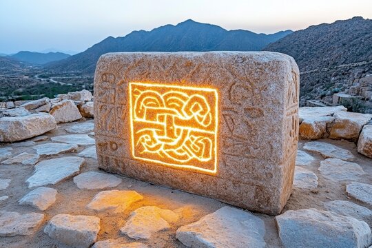 A mysterious ancient stone door embedded in a mountainside, marked with cryptic symbols and glowing faintly
