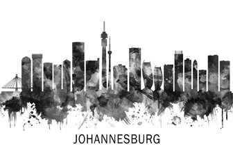 Obraz premium Johannesburg South Africa Skyline BW, cityscape landscape watercolor painting print abstract splash illustration art modern urban poster artwork landmarks skyscrapers