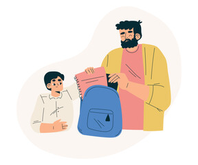 Boy Schoolkid Character Pack Backpack for School with Dad Vector Illustration