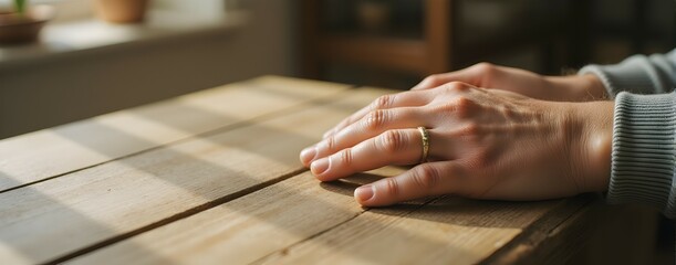 Obraz premium Sunlight warms the wooden table as a hand, adorned with a delicate gold ring, rests gently. A moment of quiet contemplation.
