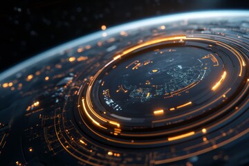 Futuristic digital landscape showcasing advanced technology and urban elements in a cosmic setting