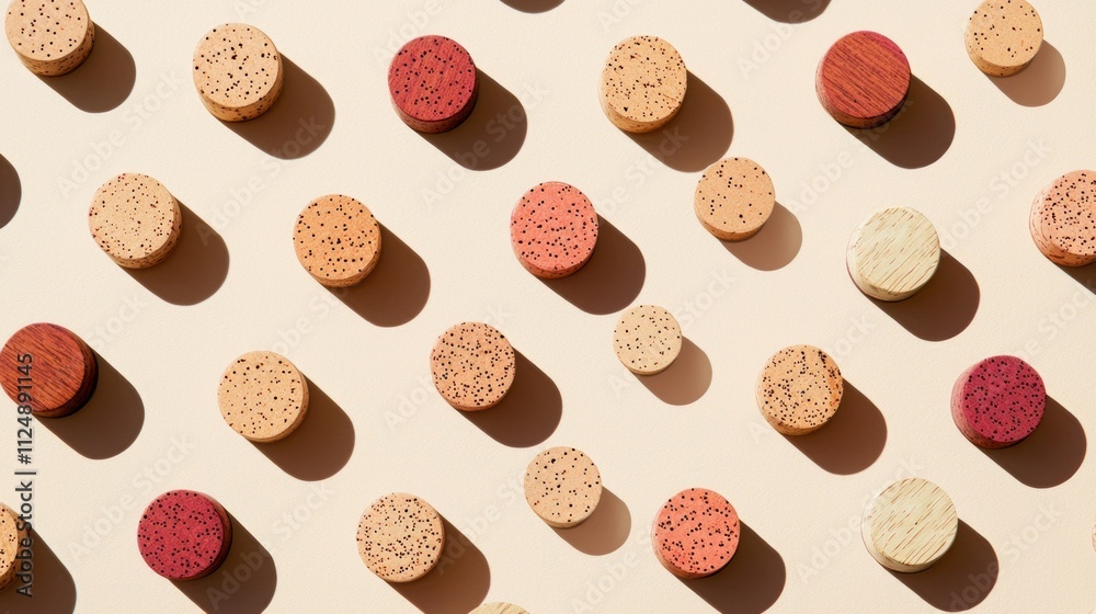 Aufkleber Round wine corks in varying colors and textures are arranged in a captivating pattern, casting charming shadows on a light background, creating a visual delight