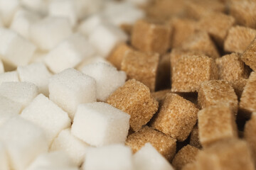 Cubes of unrefined brown demerara sugar and white refined beet sugar.