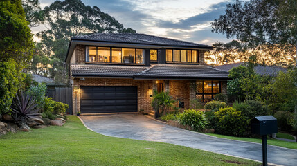 Charming two-story brick house with lush greenery at dusk in a peaceful neighborhood