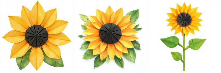 Fototapeta premium Origami. Three vibrant sunflowers with yellow petals and dark centers, showcasing their beauty and natural elegance.