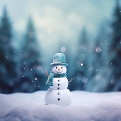 Fototapeta premium Cute little snowman with cozy winter background
