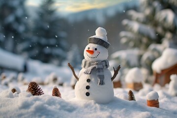 Cute little snowman with cozy winter background