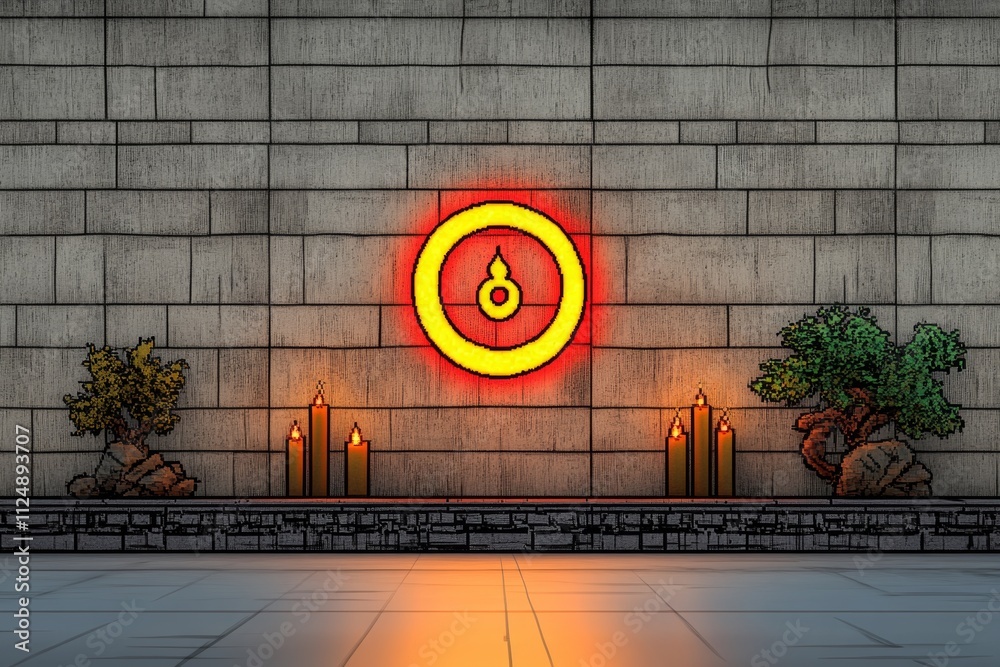 Poster a pixel art depiction of the aum symbol glowing softly against an 8-bit temple backdrop, with animat