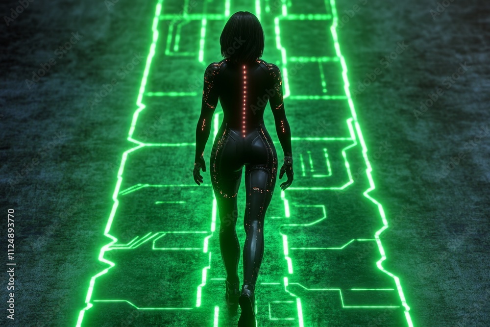 Poster A pixel art digital world with glowing grids, animated circuits, and a retro character navigating the environment