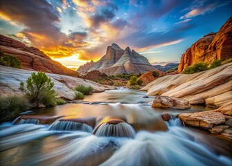 Naklejka premium Captivating Long Exposure of White Rocks Amphitheatre at Snow Canyon State Park Amidst Vibrant Sunset and Dramatic Clouds, Showcasing Nature's Beauty and Tranquility