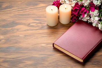 Fototapeta premium A serene flatlay of a Virgin of Guadalupe Day religious text, showcasing its intricate details and calligraphy, with glowing candles and vibrant flowers enhancing the sacred theme