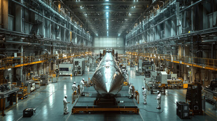 Massive spacecraft construction inside industrial facility with engineers in protective gear