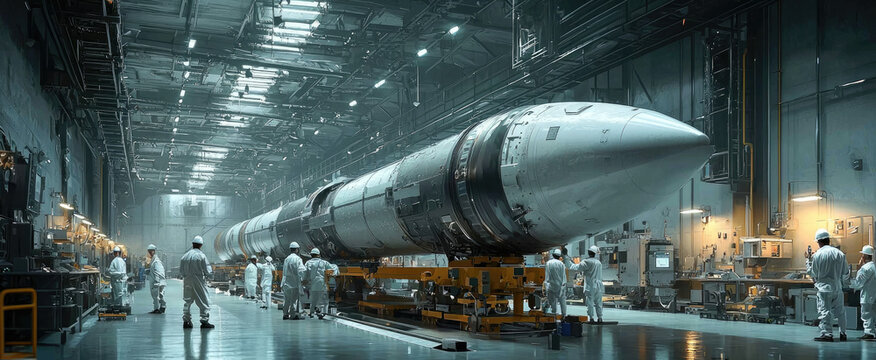 Engineers assemble rocket in industrial hanger with advanced aerospace technology and machinery