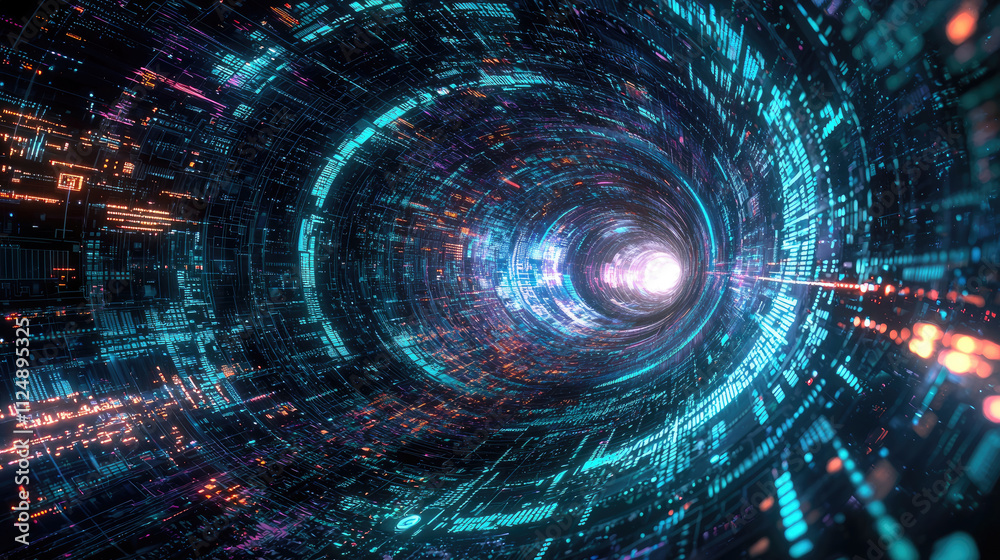 Wall mural futuristic digital tunnel with vibrant neon lights and data flowing in a circular pattern