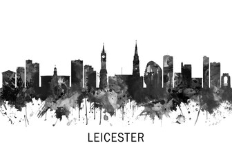 Obraz premium Leicester England Skyline BW, cityscape landscape watercolor painting print abstract splash illustration art modern urban poster artwork landmarks skyscrapers