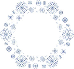 Winter frame of snowflakes with place for text. Many blue snowflakes on transparent background. Monochrome decorative design element. Mandala ornament vector illustration. Coloring page design.