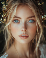 Elegant Portrait of a Blonde Woman with Blue Eyes and Floral Headpiece in Soft Natural Lighting – Romantic and Artistic Photography