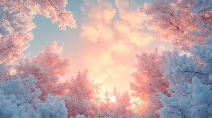 There is a beautiful sunrise surrounded by white trees and a pastel sky. Perfect for winter travel photography, the scene is peaceful and serene.