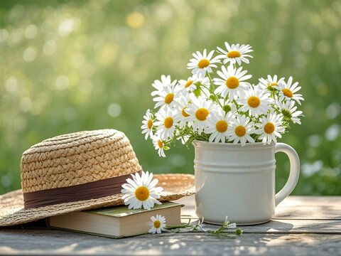 summer nature background. chamomile flowers in white mug, book, braided hat on table in garden. summer season. rustic composition with flowers. relax time. - Powered by Adobe