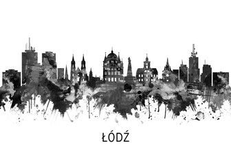 Obraz premium Lodz Poland Skyline BW, cityscape landscape watercolor painting print abstract splash illustration art modern urban poster artwork landmarks skyscrapers
