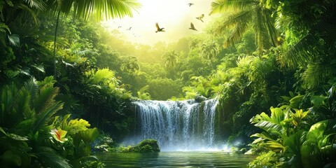 Tropical Rainforest Waterfall, Vibrant Palm & Fern Scene, Serene Lagoon, Early Morning/Late Afternoon