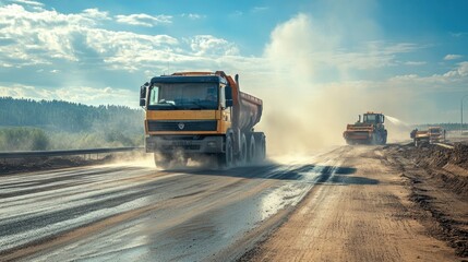 Scorching midday heat on a motorway construction site, asphalt steaming, water truck spraying to control dust
