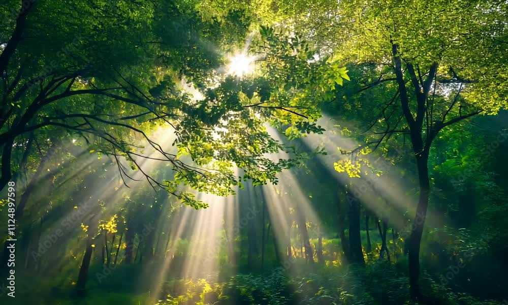 Wall mural sunlight streams through trees in a serene forest.