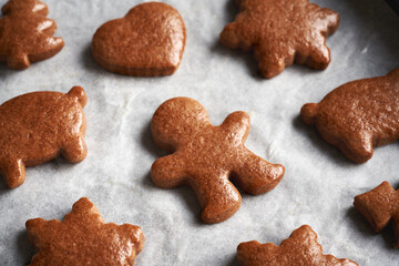Homemade gingerbread Christmas cookies on a baking sheet