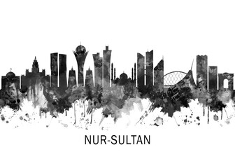 Fototapeta premium Nur-Sultan Kazakhstan Skyline BW, cityscape landscape watercolor painting print abstract splash illustration art modern urban poster artwork landmarks skyscrapers
