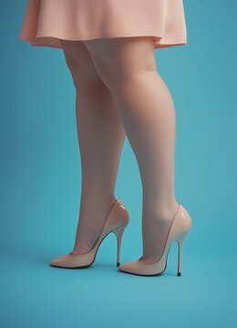 chubby pale female legs wearing nude heel shoes and pink skirt on plain color studio background from side angle