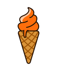 Ice cream cones PNG. Melting oranges color ice cream illustration. Dessert, sweet, confectionery snacks. Transparent background