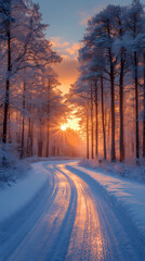 There is a beautiful sunrise surrounded by white trees and a pastel sky. Perfect for winter travel photography, the scene is peaceful and serene.