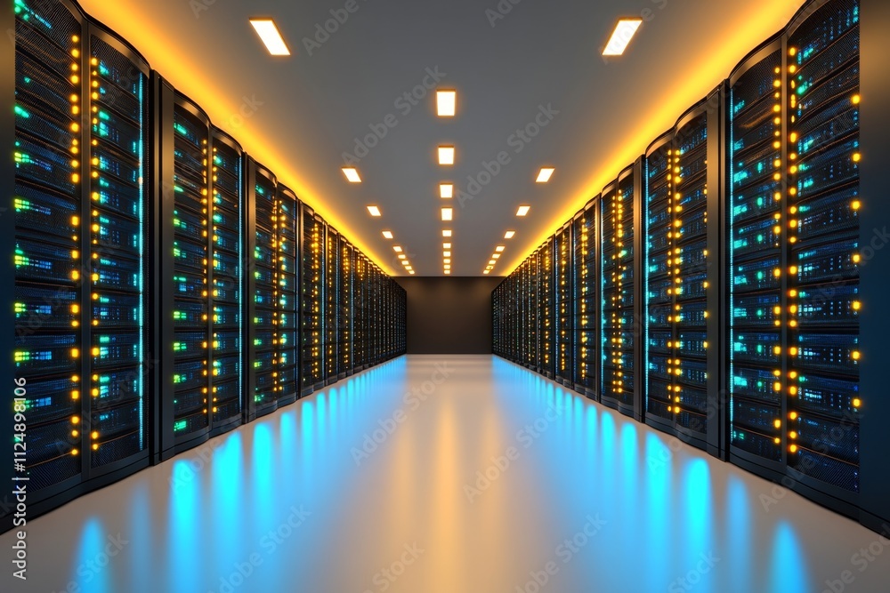 Aufkleber A server room with glowing blue and green lights emanating from rows of sleek data storage racks