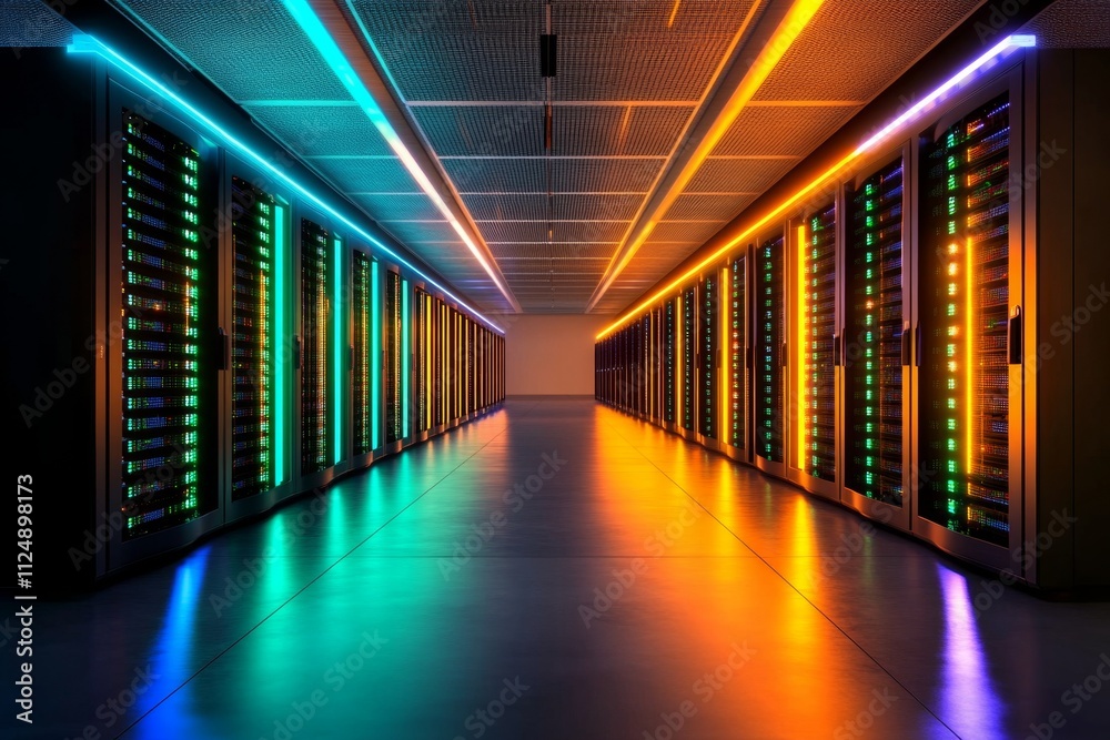 Poster A server room with glowing blue and green lights emanating from rows of sleek data storage racks