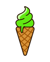 Ice cream with cone cartoon PNG. Melting green ice cream illustration. Mathca, pistachio, mint. Dessert, sweet, confectionery snacks. Transparent background