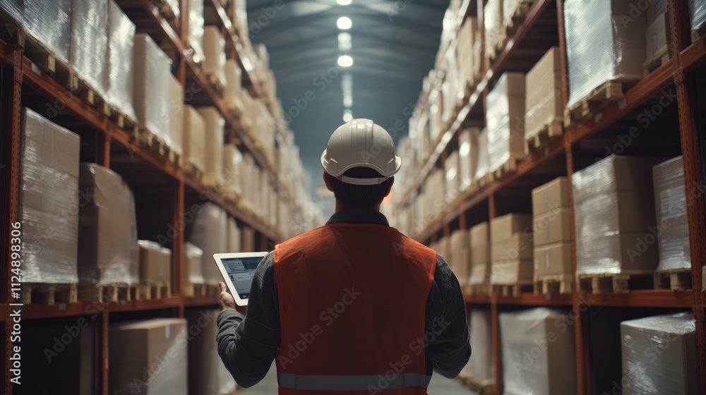 Poster worker in a warehouse aisle using a tablet for inventory management with neatly stacked boxes in the