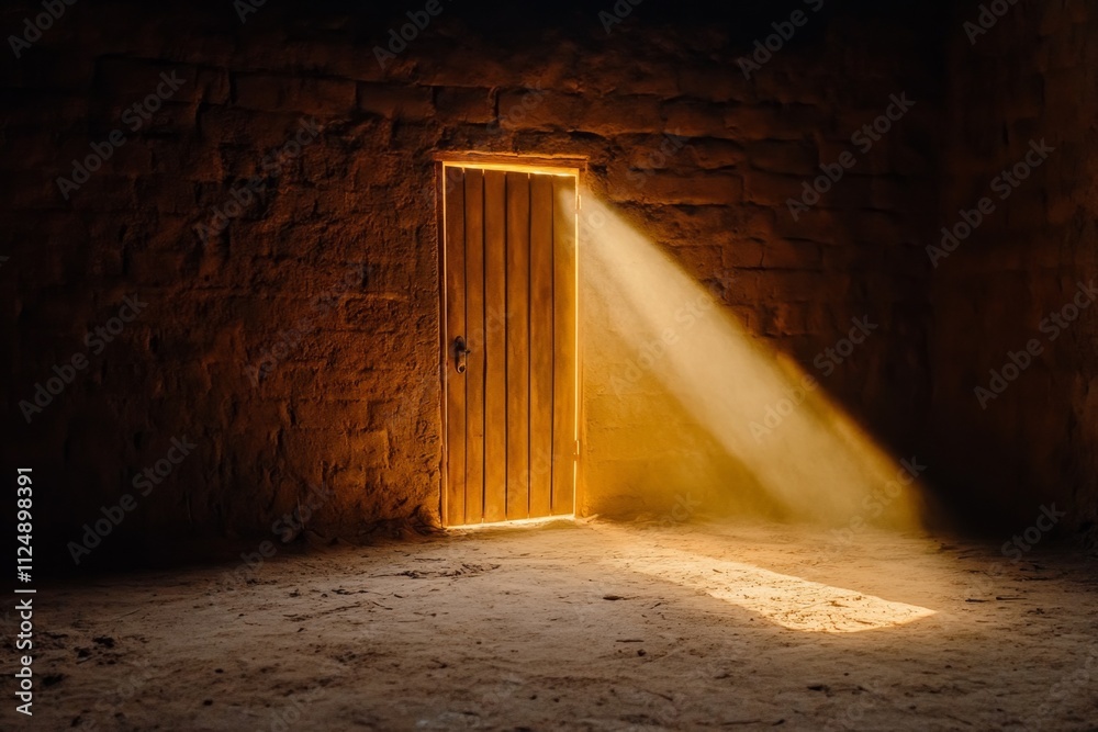Poster a silhouette of an open door with soft light streaming through, symbolizing opportunity and hope