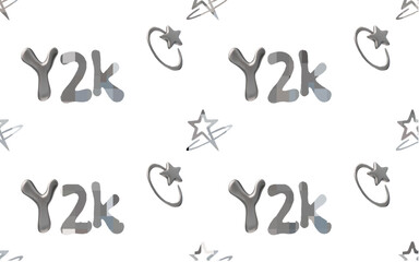 Vector 3D illustration of seamless background with Y2K liquid chrome font and stars with rings.