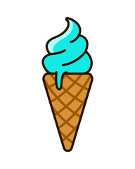 Ice cream cones cartoon PNG. Melting blue ice cream illustration. Vanilla, Bubble gum. Dessert, sweet, confectionery snacks. Transparent background