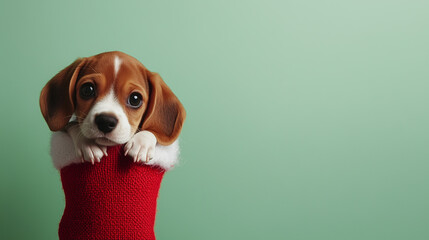 cute beagle puppy peeking out of a red christmas stocking