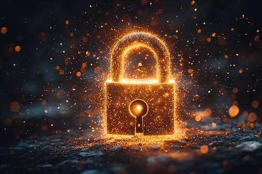 Glowing golden padlock with sparkling particles on dark background