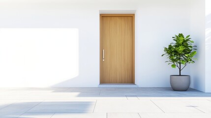 Modern Entrance with Wooden Door and Potted Plant on Smooth Concrete Surface