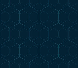 Minimalist geometric seamless pattern. Subtle vector linear texture with hexagon grid, delicate minimal lattice, net, diamonds. Dark teal blue outline abstract background. Repeating modern geo design