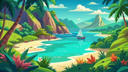 A beautiful tropical beach scene with a sailboat in the water