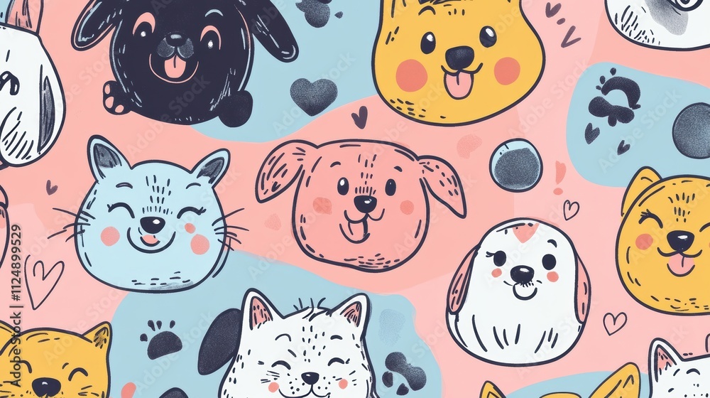 Fototapete a colorful doodle pattern showcases various happy dog faces against a pastel background, creating a 