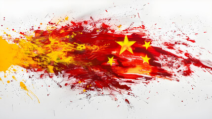 Abstract Chinese flag painted with splatters and brushstrokes on white background.