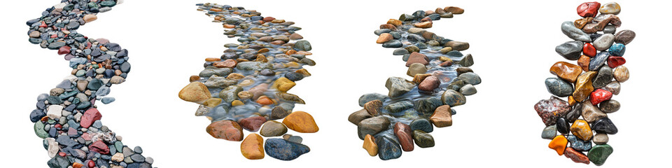 Set of a water streaming through a bed of colorful pebbles isolated on transparent background